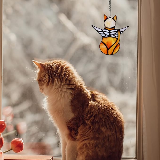 BOXCASA Angel Cat Memorial Gifts for Women,Stained Glass Window Hanging Decorations,Angel Wings Orange Cat Suncatcher Decor,Pet Memorial Sympathy Gifts Decoration