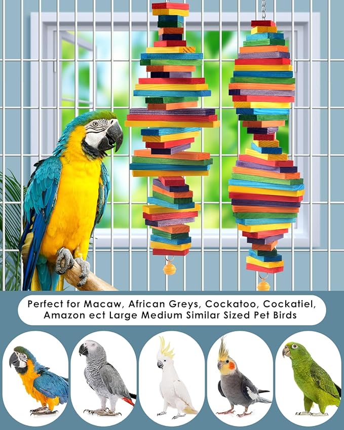 Bissap 2 PCS Bird Chew Toys, Multicolored Bagel Cascade Bird Parrot Chewing Sticks Biting Wooden Blocks Toy for Medium Amazon Cockatiels Cockatoos Macaws and Similar Sized Pet Birds
