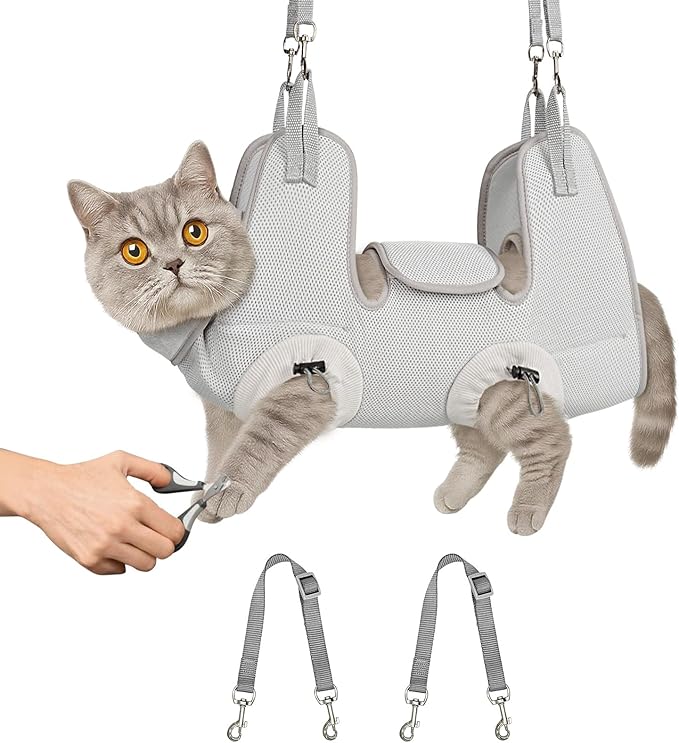 Supet Cat Grooming Hammock Harness for Nail Trimming, Cat Grooming Hanging Sling for Nail Clipping, Pet Restraint Holder for Cutting Nails, Medicine, Ear & Teeth Cleaning, Eye Care (Grey M)