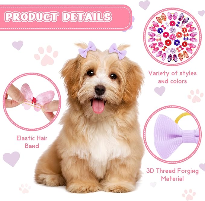 Janinka 36 Pieces Dog Hair Bows with Rubber Bands Easter Butterfly Bows for Small Size Dog Girl Flower Pearls Elastic Hair Ties Bands for Pets Puppy Cats Grooming Accessories(Vibriant Color)