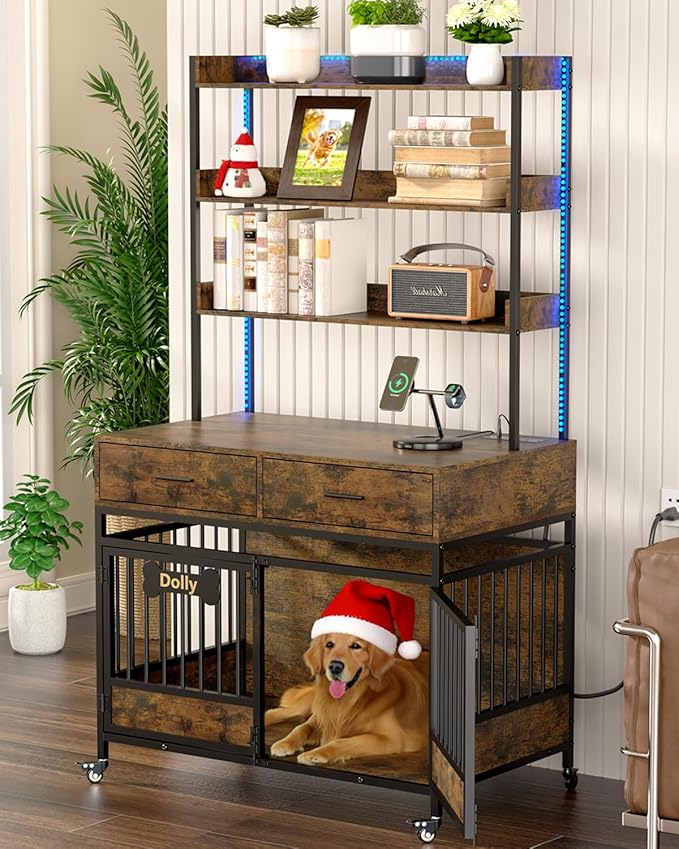 Petrova 39" Dog Crate Furniture for 1 Dogs, Heavy Duty Indoor Dog Kennel for Small/Medium Dogs, Wooden Dog Cage with 2 Storage Drawers, Charging Station, LED Light, Lockable Wheels, Brown