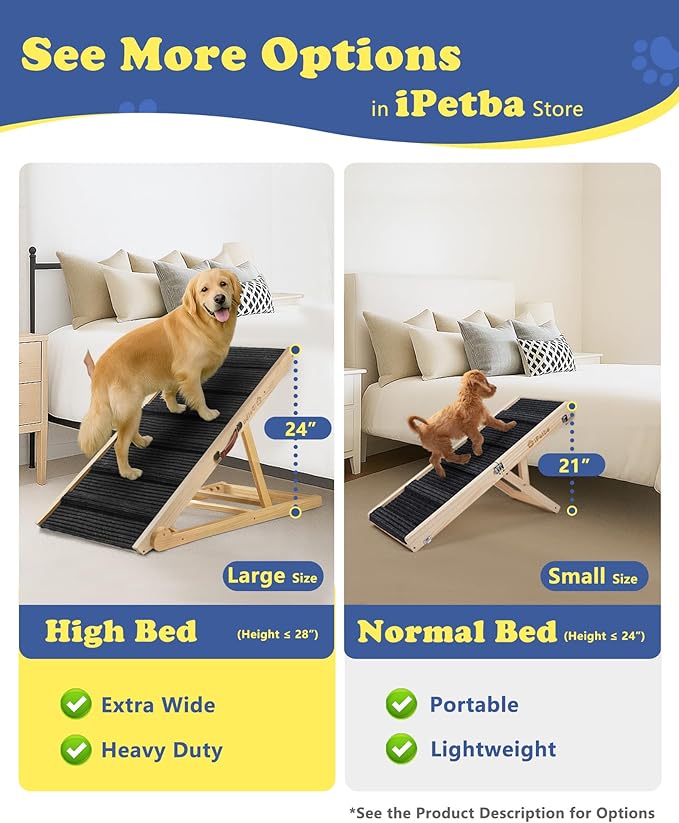 Dog Ramp for Bed & Couch for Large Dogs - Joint-Friendly, Anti-Slip, Adjustable, Extra Wide & Stable, Up to 200 lbs