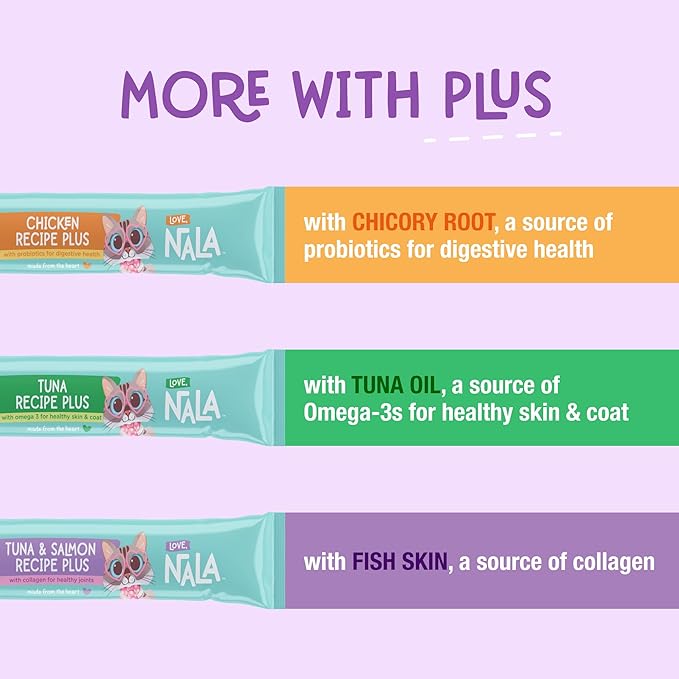 LOVE, NALA Tuna + Omega-3 Mousse Cat Treats – Brain & Heart Health Support – Lickable Squeeze-Up Puree, Topper or Treat – Grain-Free, 24 Pack – Human-Grade Protein, Non-GMO, No Artificial Additives