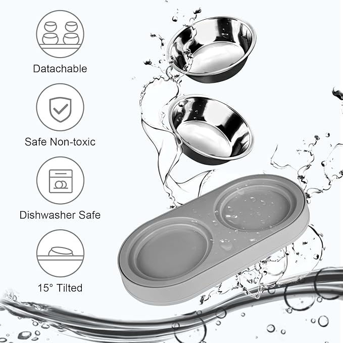 Elevated Raise Tilted Cat Food Bowls,with Stand Stainless Steel, Anti Vomiting, Double Cat Food and Water Bowl Set (Grayblue)
