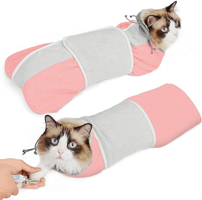 Supet Cat Grooming Wrap for Cutting Nails, Self-Adhesive Anti-Scratch Swaddle with Bite-Proof Mesh Hood & Thick Waist Strap Anti-Escape Bag for Nail Trimming, Medication, Ear Cleaning (Pink M)