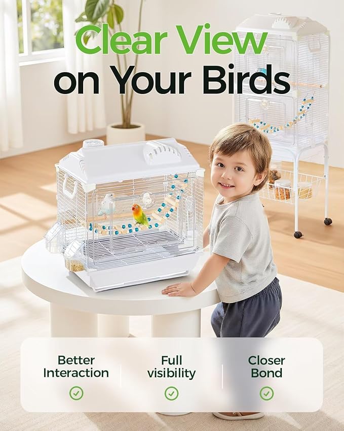 Clear View Bird Cage, Indoor & Travel Small Birdcage for Parakeet, Parrot, Budgies, Cockatiels, Canary |Easy Clean Safe Materials (White, Small)