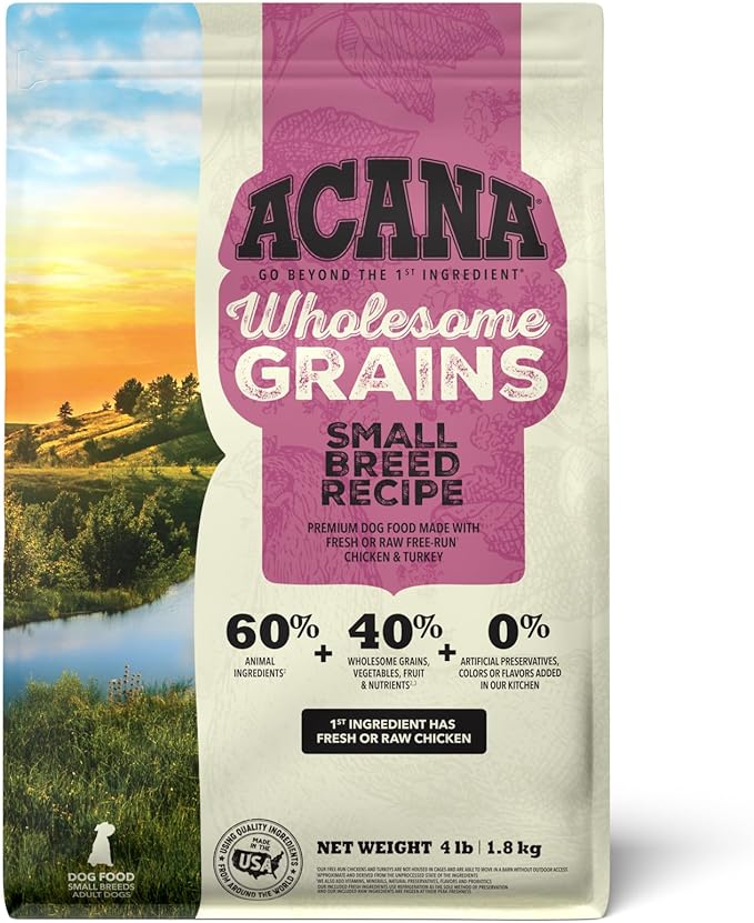 ACANA Wholesome Grains Dry Dog Food Small Breed Recipe Real Chicken Eggs and Turkey 4lb Bag