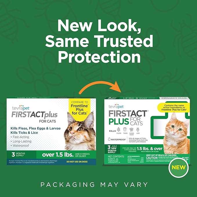 TevraPet FirstAct Plus Flea and Tick Topical for Cats over 1.5lbs, 3 Dose Waterproof Flea and Tick Control/Prevention for 3 Months