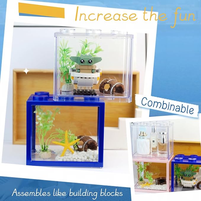Small Betta Fish Tank, Stackable Mini Fish Tank Tiny Aquarium Tank Kit with Aquarium Gravel & Resin Decorations, 0.6 Gallon Cube Desktop Fishbowl for Snails, Crabs, Starfish (Clear)
