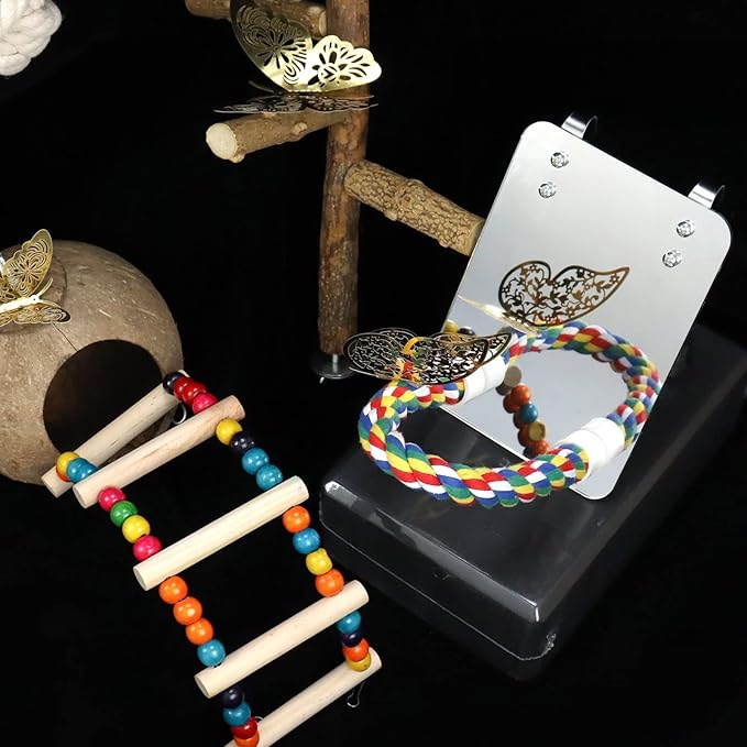 Bird Mirror for Cage with Parrot Rope Perches for Parakeet/Budgerigar/Lovebird/Canaries Stand