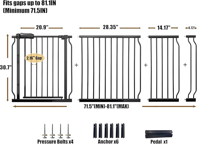 Extra Wide 76.4-81 Inch Large Baby Gates for Stairs, Doorways - No Drilling, Pressure Mounted Pet Gates for Kids & Dogs