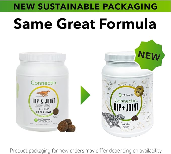 In Clover InClover Connectin Hip and Joint Supplement for Dogs. Combines Glucosamine, Chondroitin and Hyaluronic Acid with Herbs for Comfort and Mobility