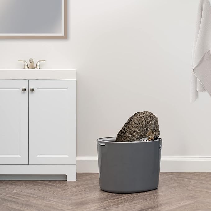 IRIS USA Large Top Entry Cat Litter Box with Lid Enclosed Covered Design Litter Catching Scatter Shield Pan Dog Proof Pet Proof Scoop Included Odor Control for Indoor Cats Kittens, Dark Gray/White