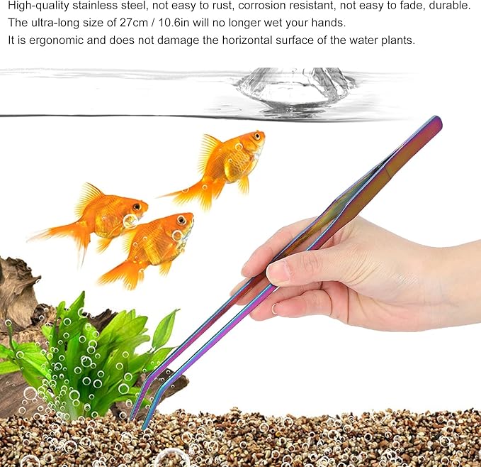 27cm Reptile Feeding Tongs, Rainbow Color Aquarium Tweezers Stainless Steel Fishbowl Long Tweezers, Aquascaping Tools for Hold Worms, Reptiles, Lizards, Bearded Dragon(27cm Curved Clip)