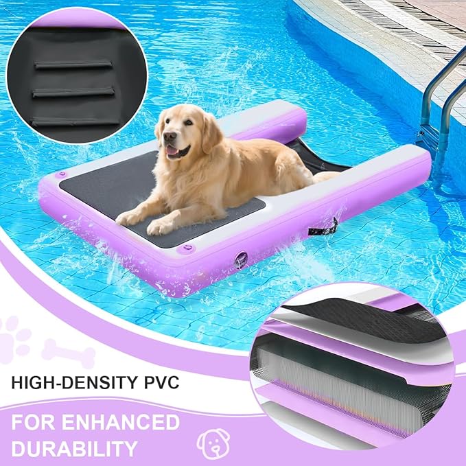 Inflatable Dog Water Ramp, Non-Slip Floating Dock Ladder for Pools, Boats & Lakes, Pool Ramp for Dogs Up to 200 Pounds, Purple