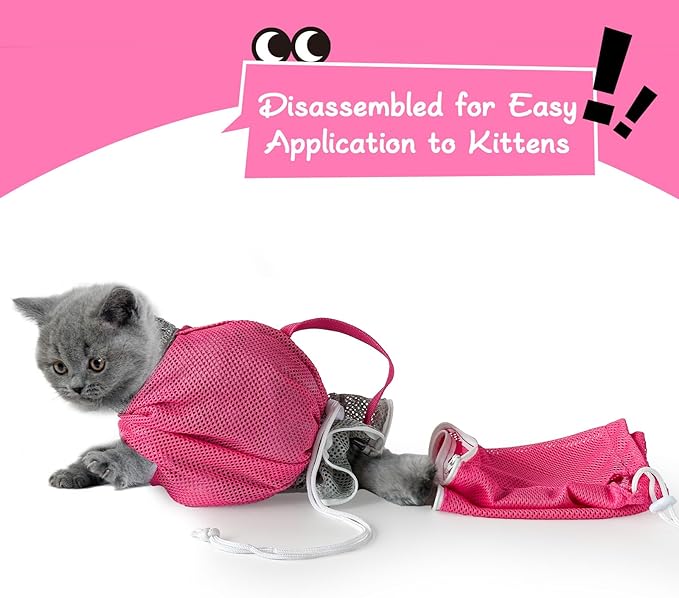 Cinf Cat Bathing Bag, Breathable Mesh Anti Scratch Adjustable Cat Grooming Bag for Nail Trimming, Bathing Soft Cat Washing Bag(Pink) L