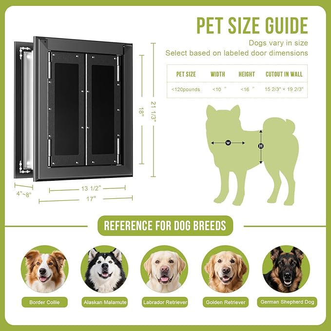 Dog Door for Wall, Heavy Duty Large Dog Door with Aluminum Frame and Telescoping Tunnel, French Style with Magnetic Flaps, Up to 120lbs, Black