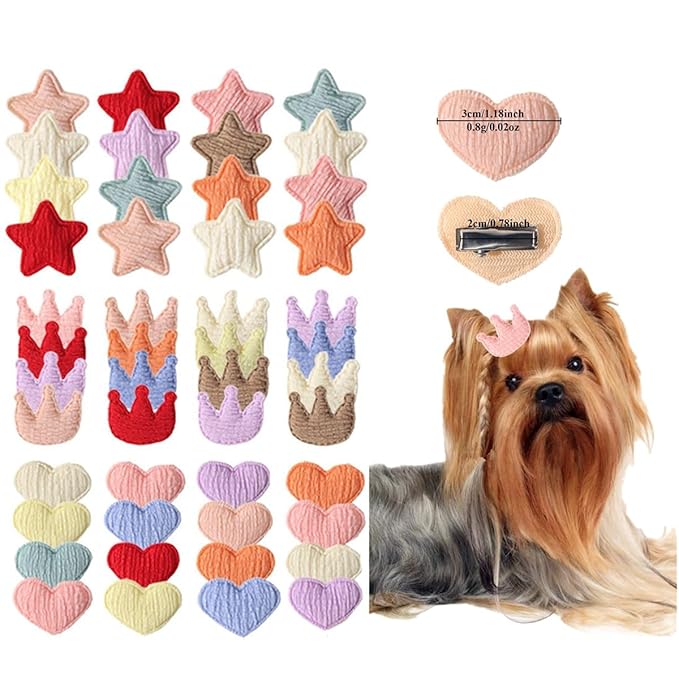 Small Dogs Hair Clip,30pcs (30colors) Heart Star Crown Shaped Puppy Dog Hair Bows with Barrette Small Pet Grooming Girl Doggy Accessories Gifts (Hair Clip)