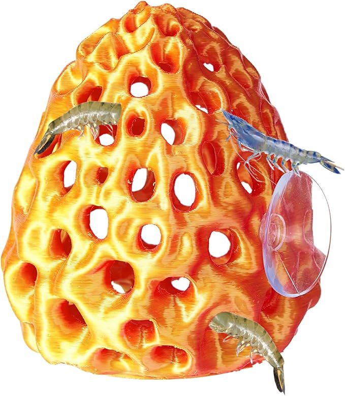 Shrimp Dome Hide, Shrimp Hides for Aquarium, Betta Fish Hideout with Suction Cup, Betta Habitat Tank Ornament Accessories, Aquarium Decor for Small Fish Guppy Hiding Resting (Gold Red)