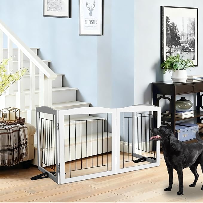 ZJSF Freestanding Dog Fence Indoor, Foldable Dog Gate for Doorways, Stairs or Hallways, Sturdy Wood Extra Wide Pet Gate with Support Feet for The House, White, 24 "Height-6 Panels
