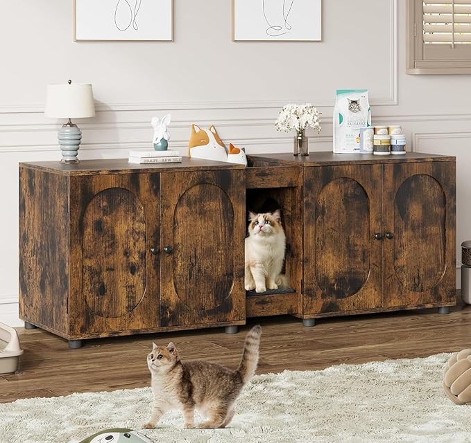 GarveeHome Large Cat Litter Box Enclosure Furniture, 55.1" Double Litter Cabinet for Two Cats with Hidden Design, Rattan Door Cat Box House with Storage, Brown