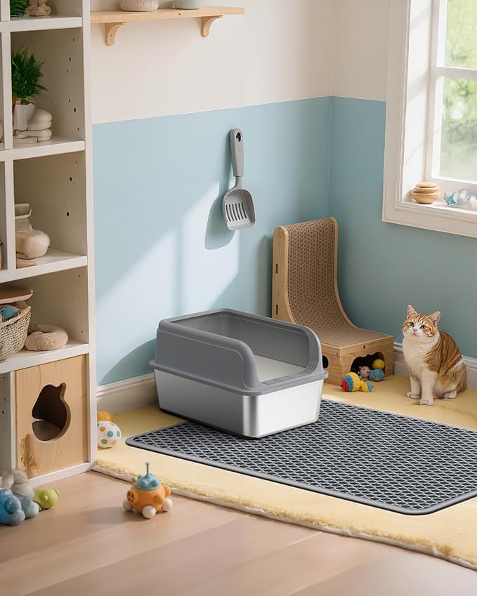35" x 30" Cat Litter Mat - Ultra-Large Litter Box Mat with Double Layers, Urine-Proof and Non-Slip Litter Trapping Mat, Easy to Clean Kitty Litter Mats for Floor, Scatter Control, Grey