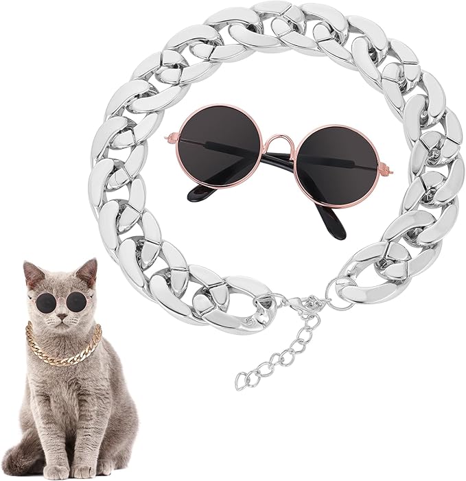 Cat Costume Sunglasses with Collar Chain, Retro Pet Eyeglasses Funny Kittens Costume Docorations Cosplay Dog Puppies Photo Props for Birthday (Silver)