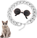 Cat Costume Sunglasses with Collar Chain, Retro Pet Eyeglasses Funny Kittens Costume Docorations Cosplay Dog Puppies Photo Props for Birthday (Silver)