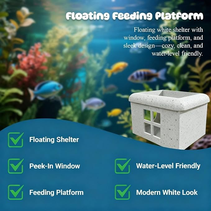 Marble Gray Floating Betta Fish Hideout with Window – 3D Aquarium Shelter & Feeding Platform – Betta Resting Cave for Fish Tank Decor (3.67"x2.87"x2.16")