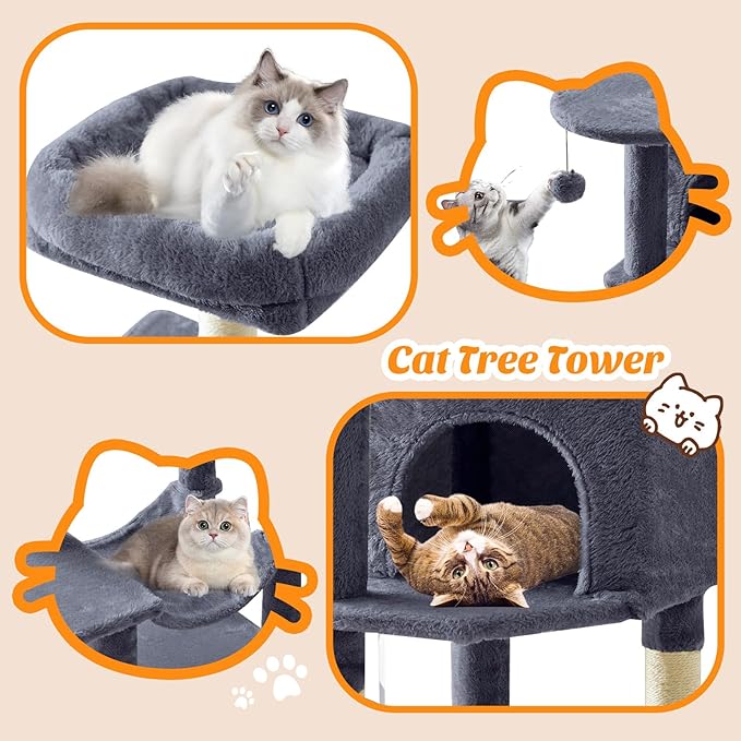 Sweetcrispy 44 Inch Cat Tree Tower, Cat Climbing Tower with Natural Sisal Scratching Posts, Hammock, Pet Condo for Indoor Cats and Kittens Play, Dark Grey