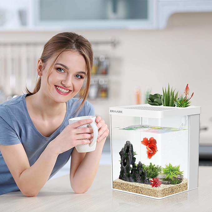 Smart Betta Fish Tank 1.5 Gallon Aquarium with Filter LED Light, Water Pump, Fish Bowl (White)