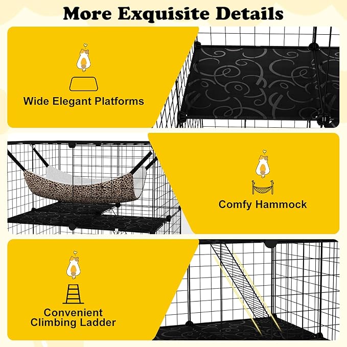 PETSITE 3-Tier Cat Cages Indoor, Metal Wire Cat Enclosure with Extra Large Hammock, 2 Ladders, and 4 Lockable Doors, Detachable Indoor Cat Catio Kennel for 1-3 Cats Kitten, Anti-toppling Kits Included