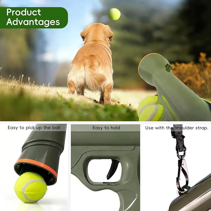 Dog Tennis Ball Blaster Dog Toy Ball Thrower Launcher with 2 Balls (Green)