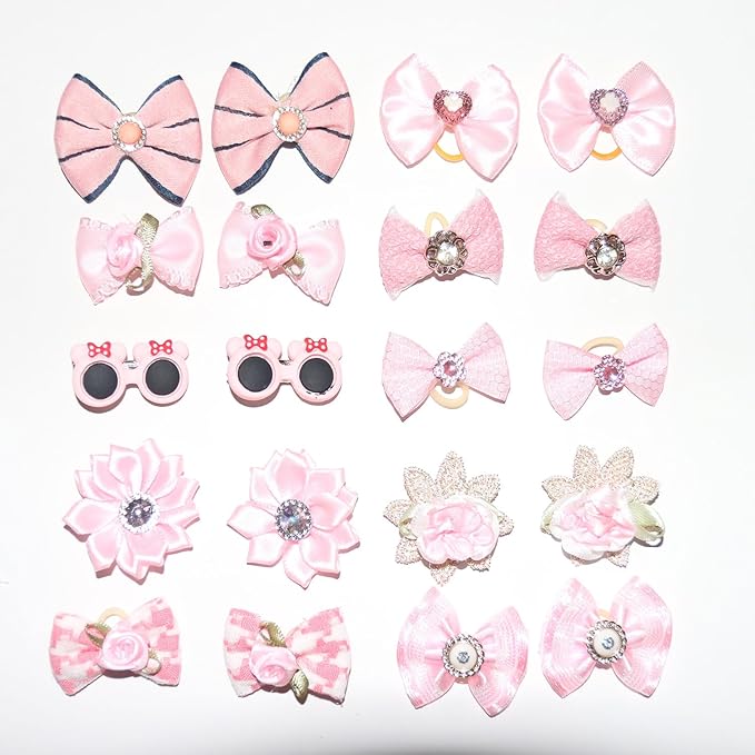 Dog Hair Bows, 20 Pack Pink Pet Accessories with Rhinestones and Pearls, Decorative Grooming Bows for Small to Medium Dogs