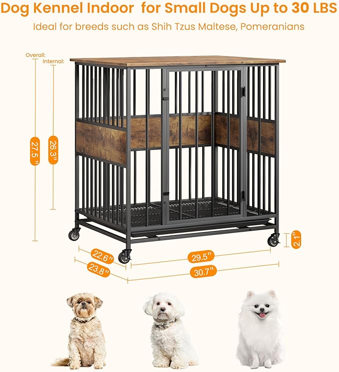Dog Crate Furniture for Small Dogs, 31 Inch Indoor Puppy Kennel, Wooden Pet Cage Decorative Corner End Table with Caster Wheels & Removable Tray, Rustic Brown