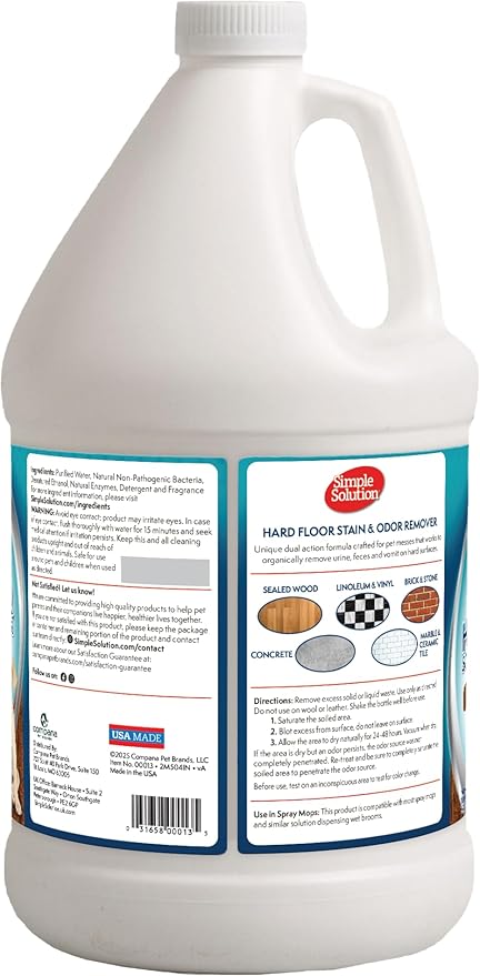 Simple Solution Hard Floor Pet Stain and Odor Remover, Dog Stain and Odor Eliminator Spray, Enzyme Cleaner, Pet Urine Remover for Hardwood Floors, Pee and Poop Destroyer, 1 Gallon