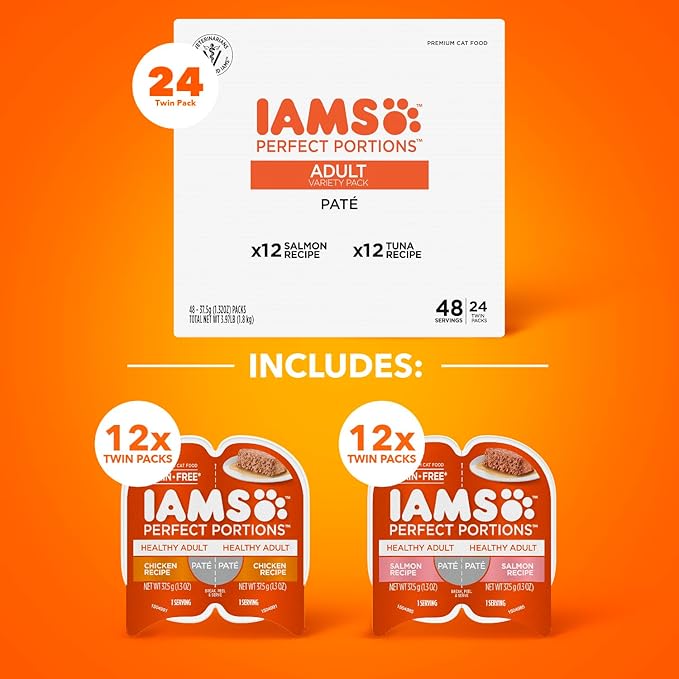 IAMS Perfect Portions Sensitive Digestion & Skin Wet Cat Food Pate, Healthy Adult Grain Free Pate, Chicken and Salmon Recipes, (24) 2.6 oz. Variety Twin-Pack Trays