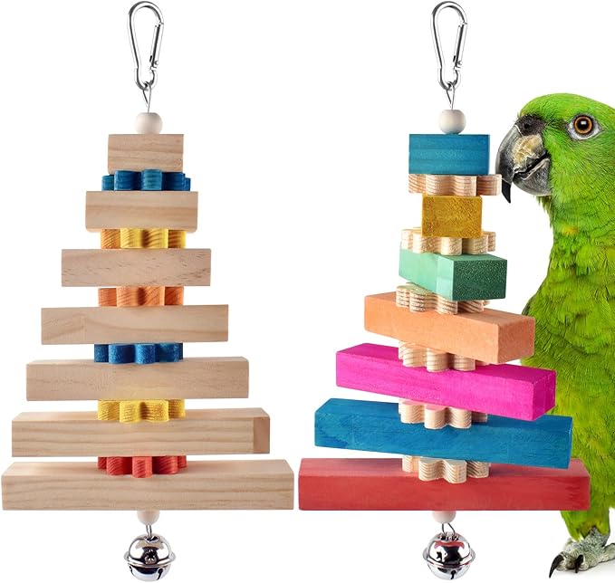 2 Pcs Bird Toys for Parrots, Colorful Natural Large Parrot Toy Hanging Chew Wood Block with Bell for Medium to Large Cockatiels, Eclectus, African Greys, Amazon, Cockatoo