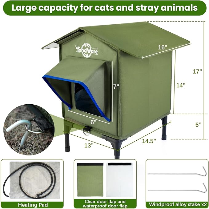 Outdoor Cat House Heated Cat House for Outside with Elevated Base Cat-Attracting Eave Design Feral Stray Shelter Weatherproof in Winter Garage Yard Porch