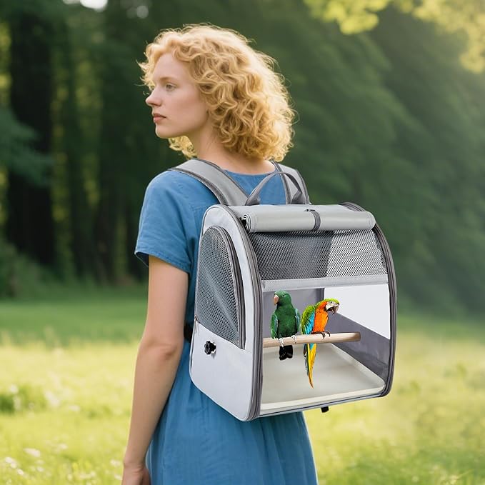 Bird Carrier Backpack,Breathable & Portable,Pet Travel Cage with Upgraded Tray and Standing Perches,Lightweight Foldable Birds Travel Cage for Hiking Camping,for Small Birds, Green Cheek