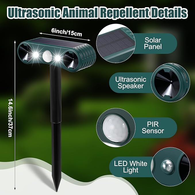 Qualirey 4 Pcs Solar Nocturnal Ultrasonic Light Animal Repeller Outdoor Deterrent with Pir Sensor Waterproof Deterrent Deer Repellent Devices to Repel Cat, Dog, Rabbit, Raccoon, Fox for Yard Garden