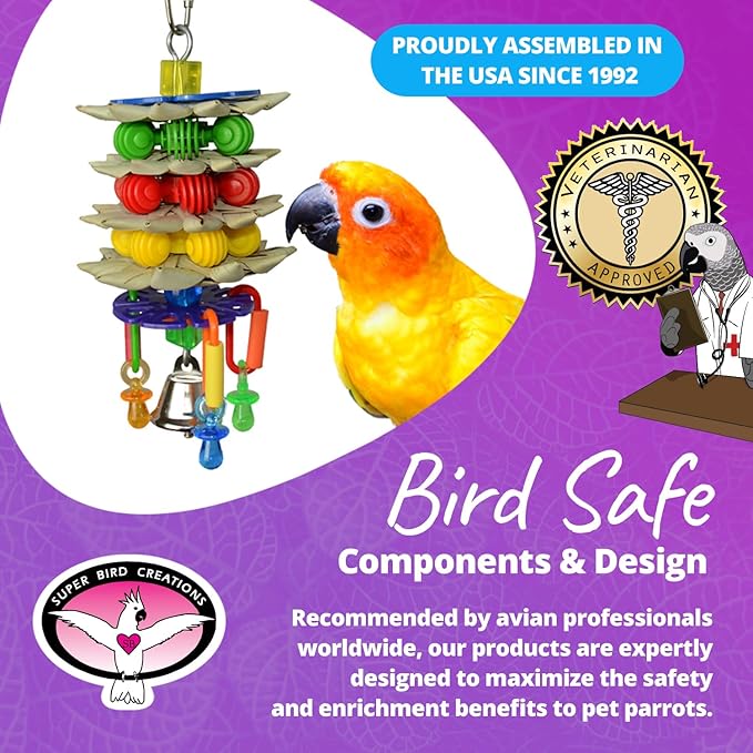 Super Bird Creations SB765 Triple Decker Bird Toy for Medium Sized Pet Birds - Ringnecks, Medium Conures, Cockatiels, Caiques, Pionus, Senegals - Bird Safe Component and Design - 8" x 3"