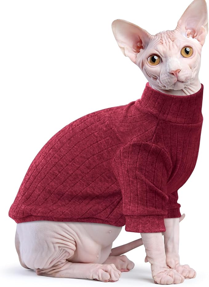 Idepet Sphynx Hairless Cats Sweater Shirt Kitten Soft Puppy Clothes Pullover Cute Cat Pajamas Jumpsuit Cotton Apparel Pet Winter Turtleneck for Cats and Teacup Chihuahua Small Dogs(Red,L)