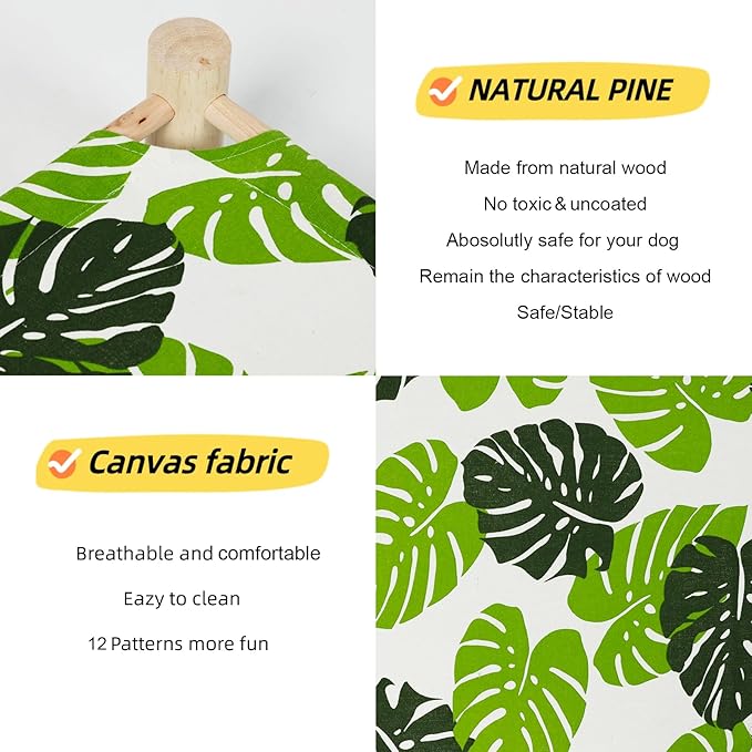 Patas Lague Cat and Dog Hammock Bed for Small Dogs, Brethable Wooden Cat Pet Rabbit Elevated Cooling Outdoor Bed Cots Furniture for All Seasons Monstera Leaf
