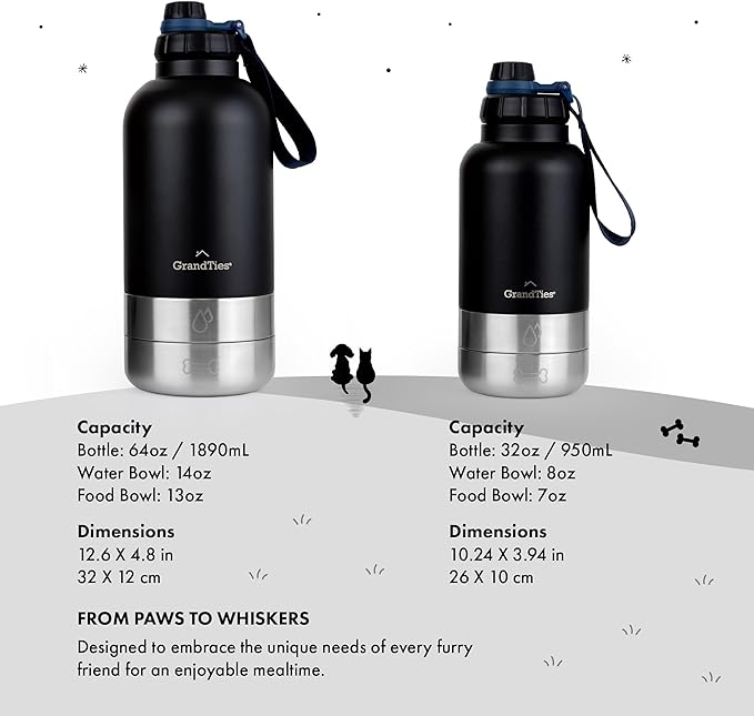 GrandTies Insulated Portable Water Bottle with 2 Detachable Dog Bowl Dispenser | Leak-Proof Food Travel Container | Walking, Hiking, Camping Accessory (64oz, Matte Black)