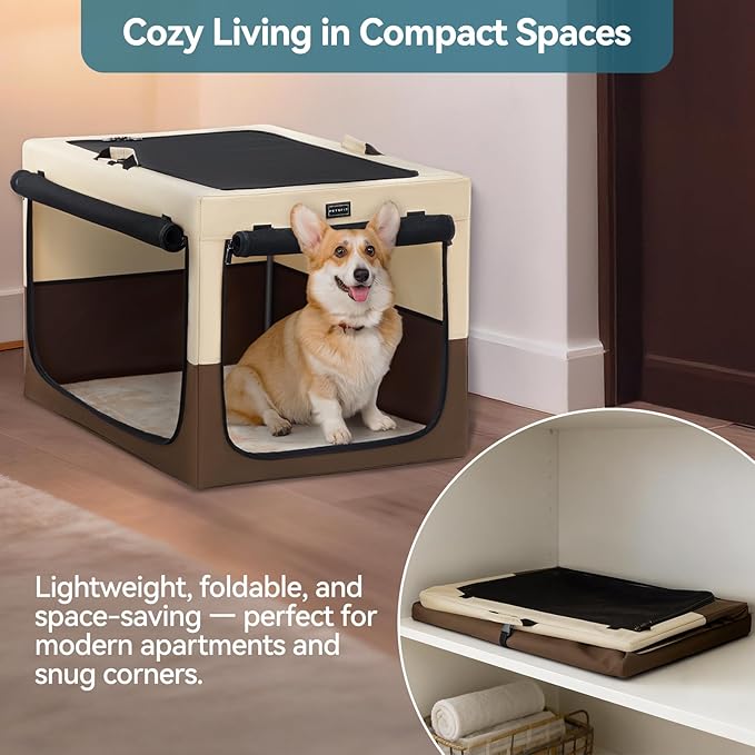 PETSFIT Portable Dog Crate for Small Dogs, – 24" Soft Dog Travel Crates with Lockable Zippers & Thicken Mat, Adjustable Patented Spiral Steel Frame, Collapsible Kennel for Indoor & Outdoor