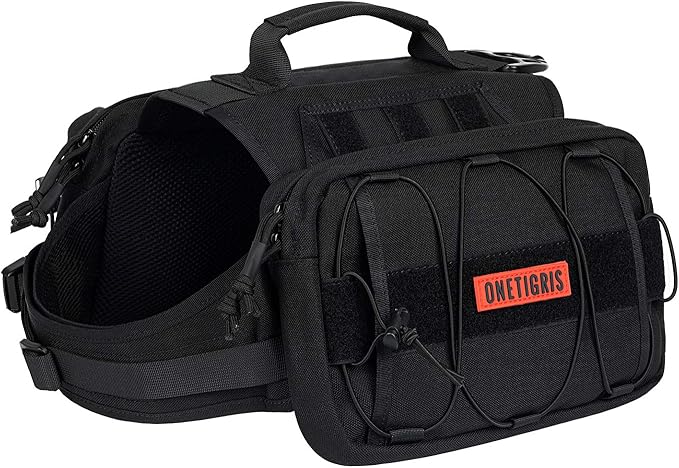 OneTigris Dog Backpack for Medium & Large Dogs, Nylon Backpack for Dogs Tactical Pet Backpack with Side Pockets for Hiking Walking Training Running (Black, Large)