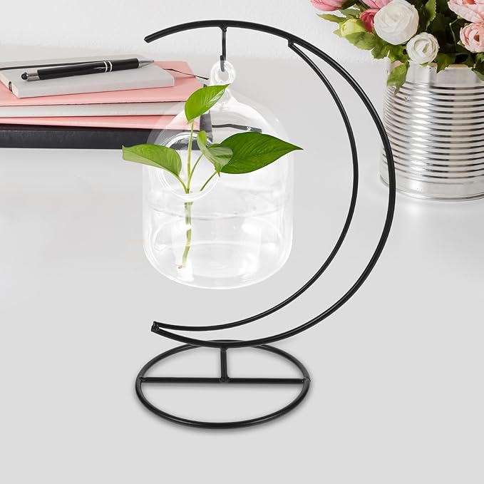 POPETPOP Hanging Glass Betta Fish Bowl with Moon-Shaped Iron Stand, 12cm Tabletop Aquarium Tank for Home Decor and Betta Fish Care