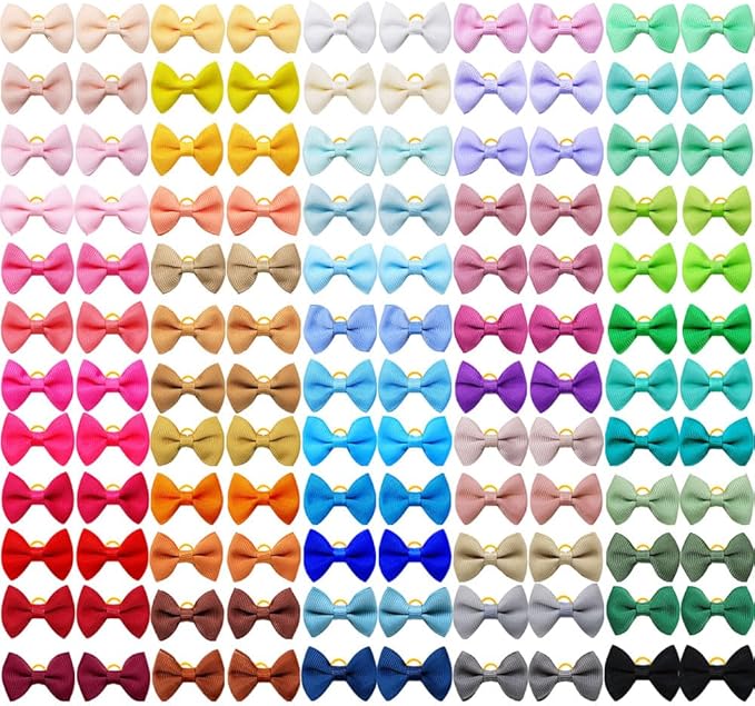 100Pcs(60 Colors) Pure Color Dog Bows with Rubber Bands Small Handmade Topknot Hair Bows for Doggie Puppy Cat Bunny Yorkie Pet Hair Grooming Accessories