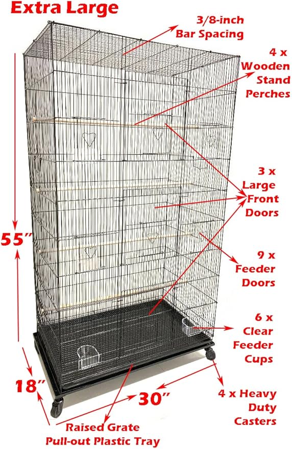 55" X-Large with 3/8-Inch Tight Bar Spacing for Multiple Flight Small Size Bird Aviary Budgie Canary Finches Breeding Home Cage with Removable Rolling Stand